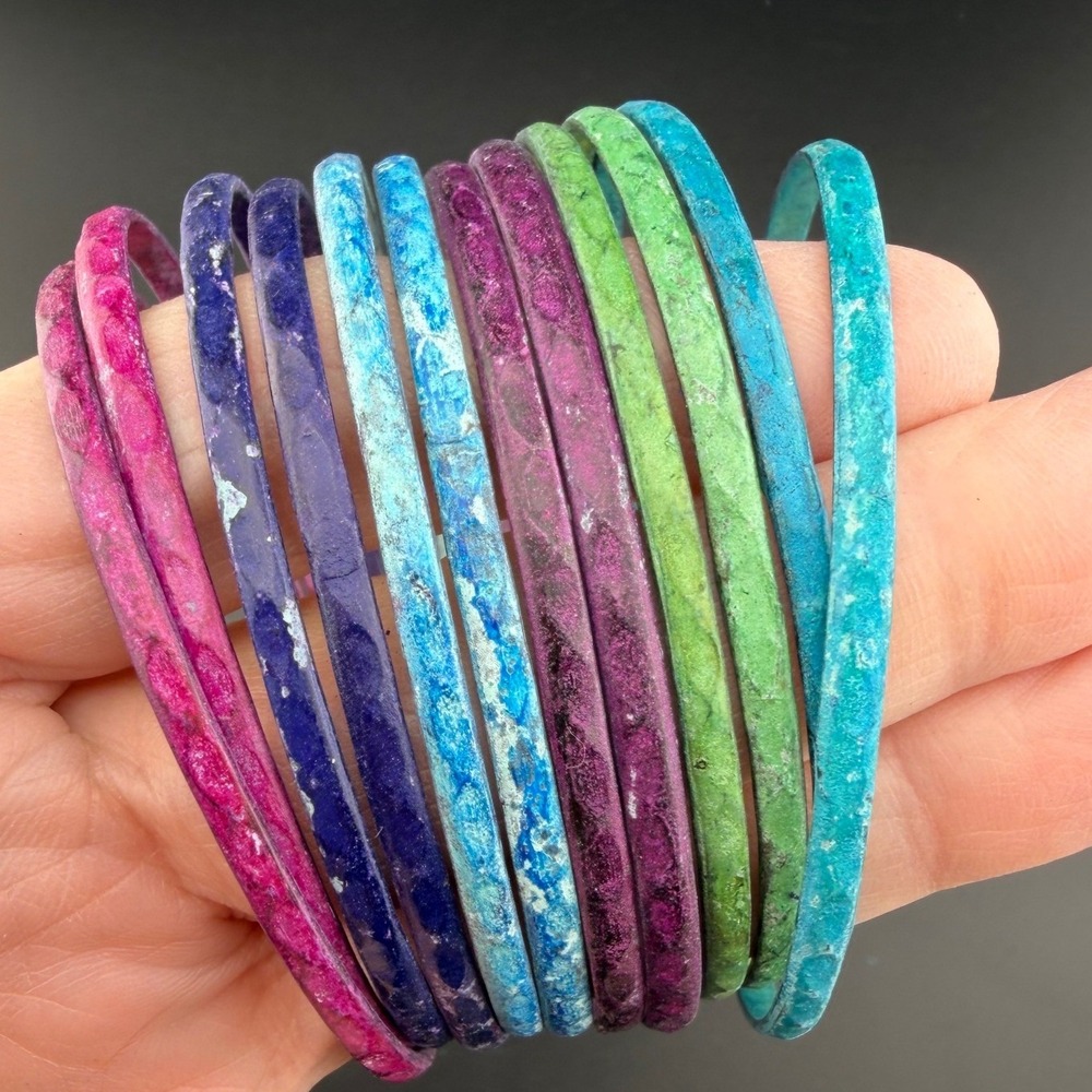 Bangle Bracelet Set 8in Multicolor Boho Distressed Jewel Tones Metal 12pc